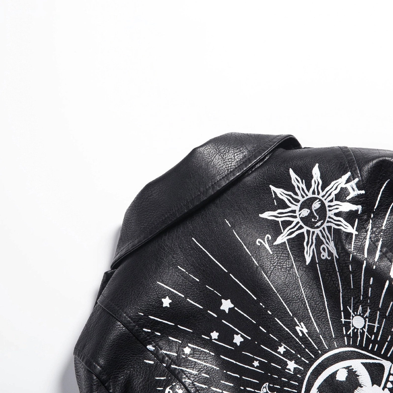 Black faux leather jacket front three-quarter angle showing stud placement 3D print graphics and overall silhouette