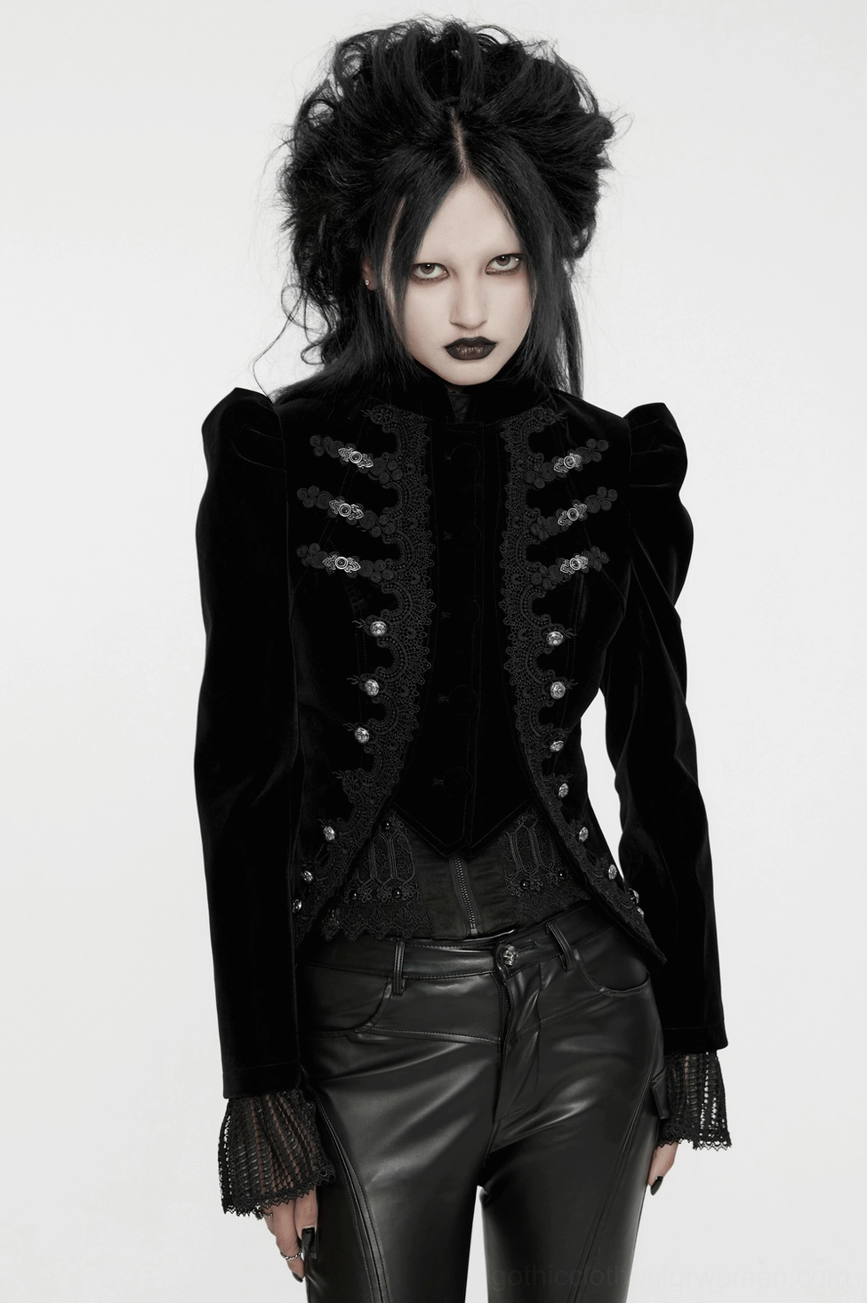 Women's gothic velvet jacket size and fit guide reference image on model