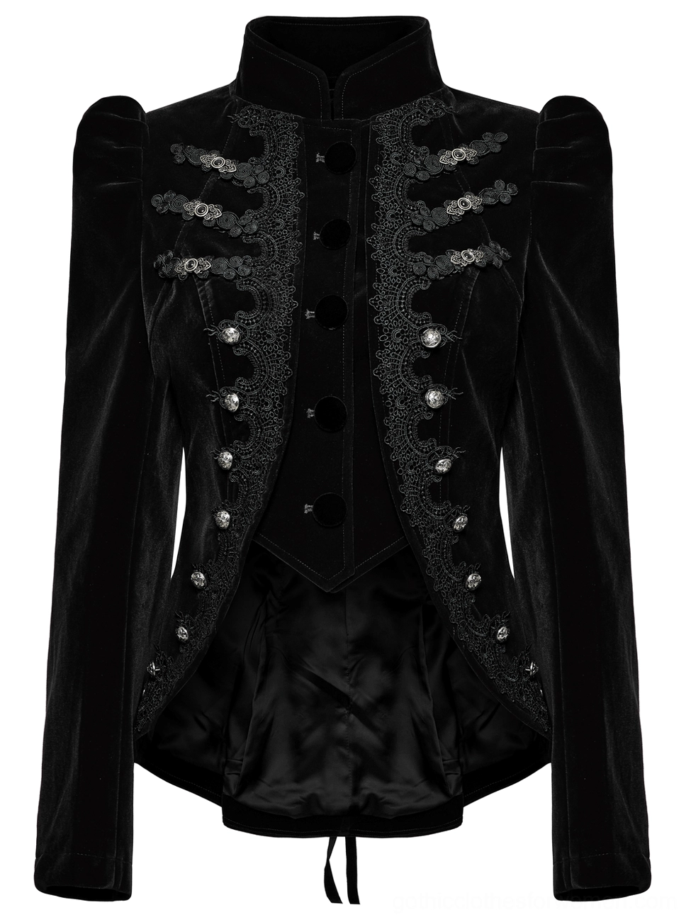 Gothic jacket stand collar and button placket close-up detail on flat display
