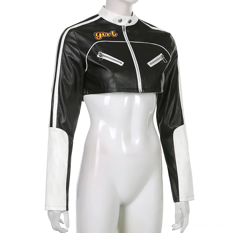 Front side angle of cropped gothic patchwork jacket on mannequin displaying stand collar and color block sleeves