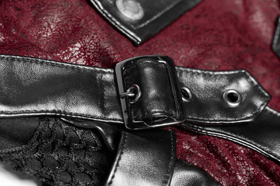 Wine-red gothic leather jacket featuring contrasting black panels and stand collar detail