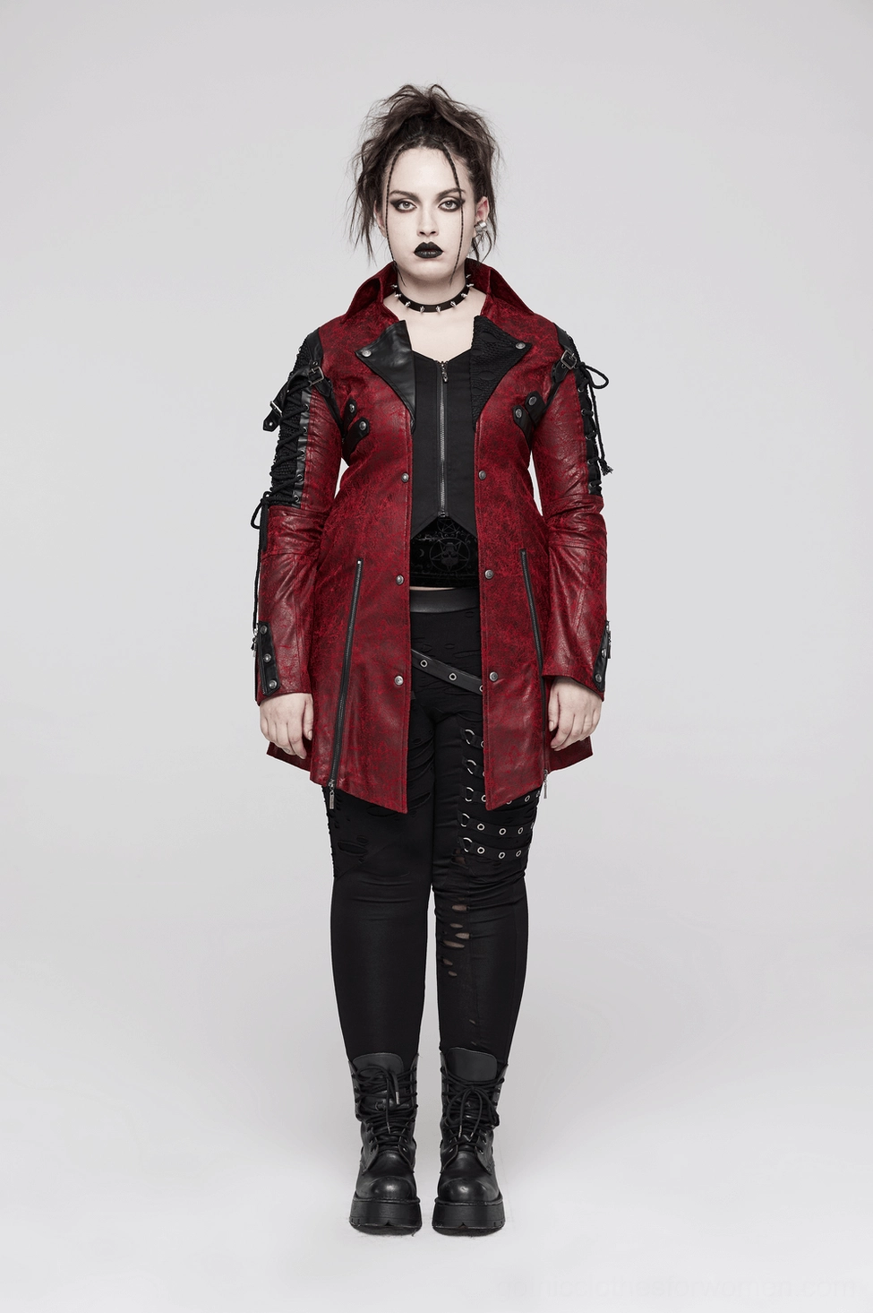 Wine-red gothic leather jacket upper body detail showing intricate strap and button construction