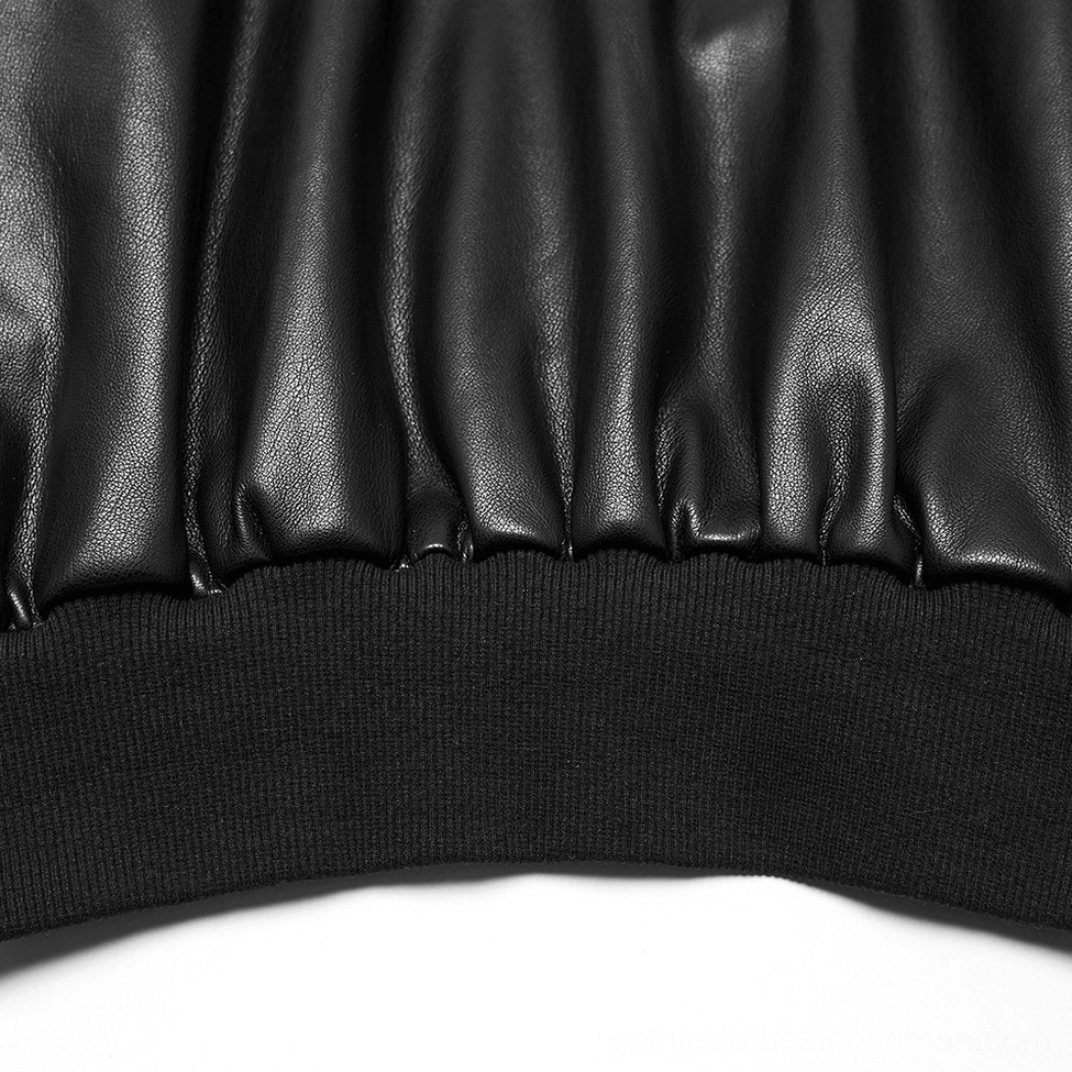 Close-up of jacket waist hem detail - ribbed elastic band black faux leather tailored finishing
