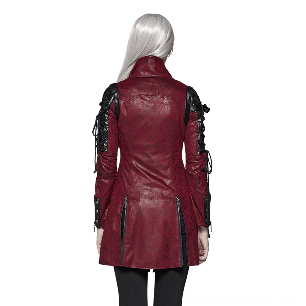 Gothic wine-red leather jacket with back side zippers and cracked leather texture - full back view
