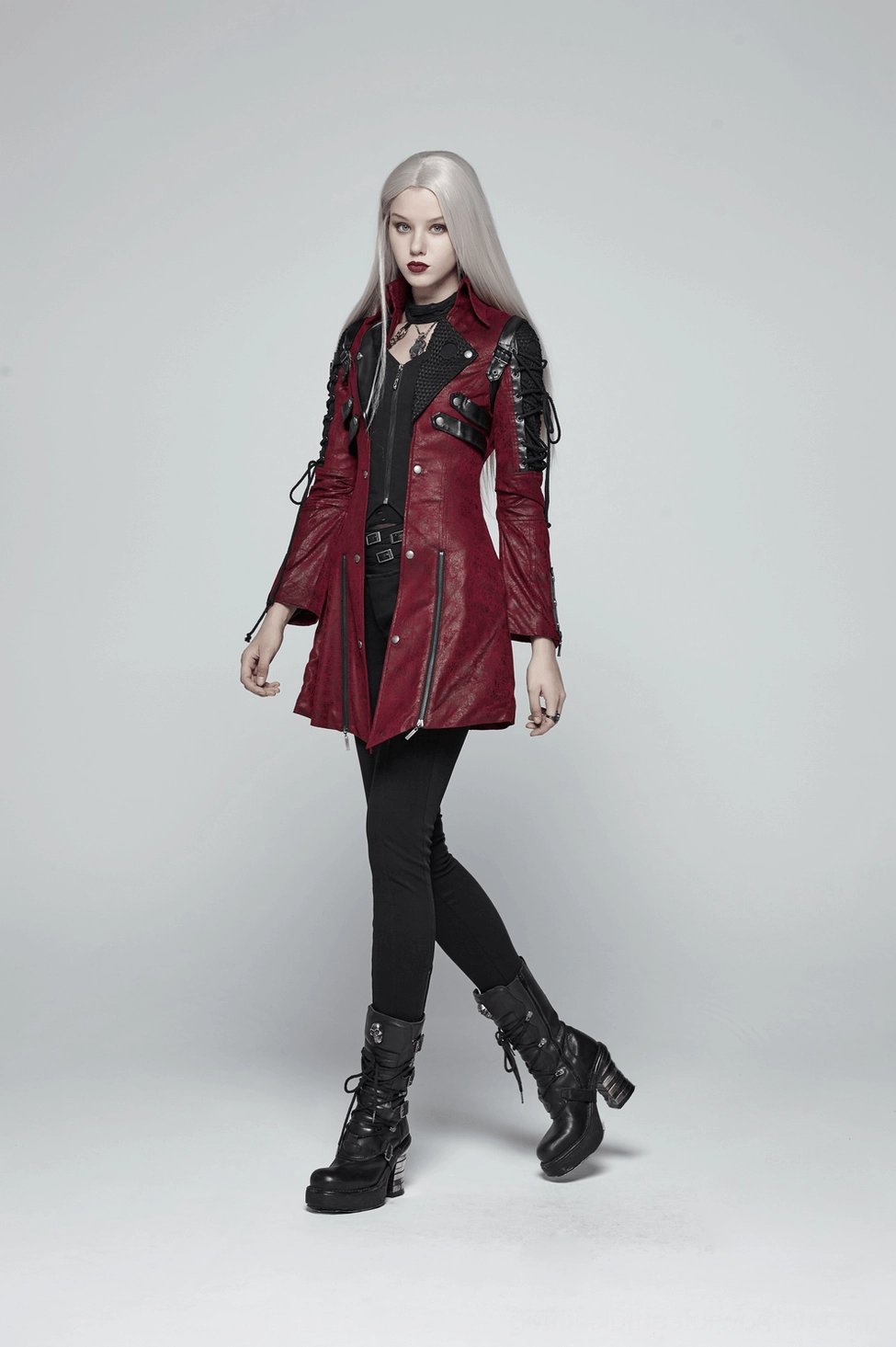 Gothic leather jacket color depth showcasing rich wine-red burgundy tone and lighting variations