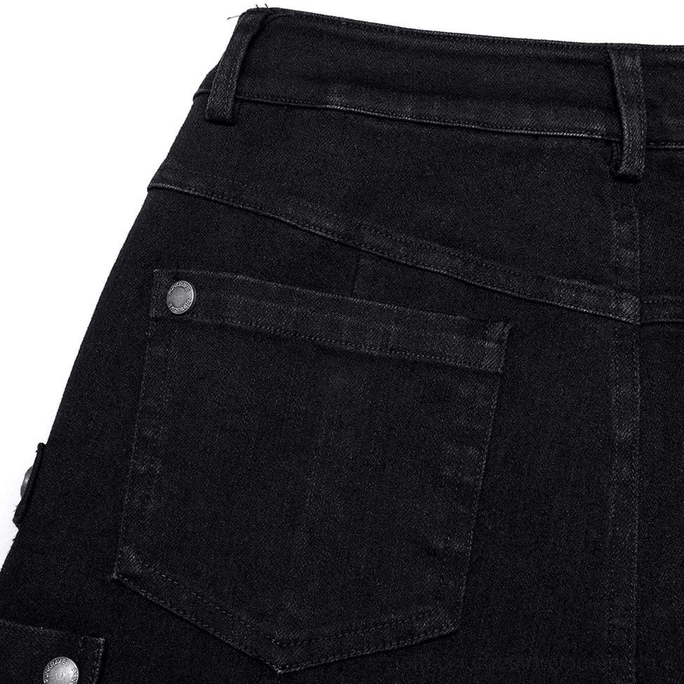 Black gothic jeans back pocket close-up, metal rivet button and patch pocket construction