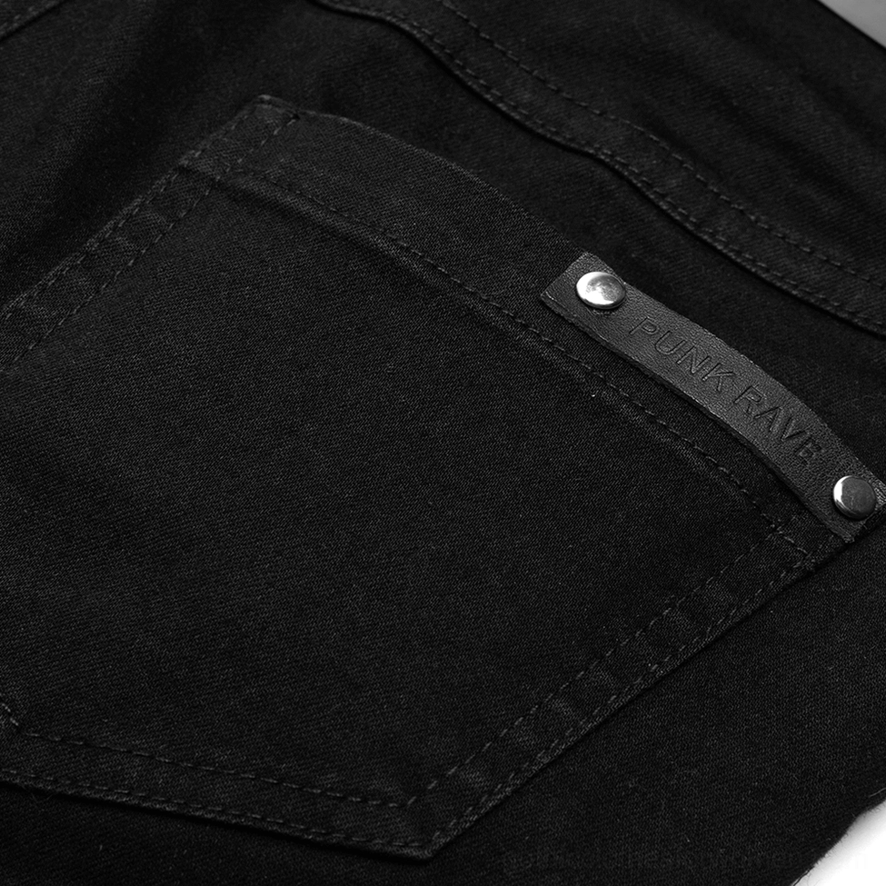 Brand label detail shot on back pocket of black gothic slim fit denim jeans