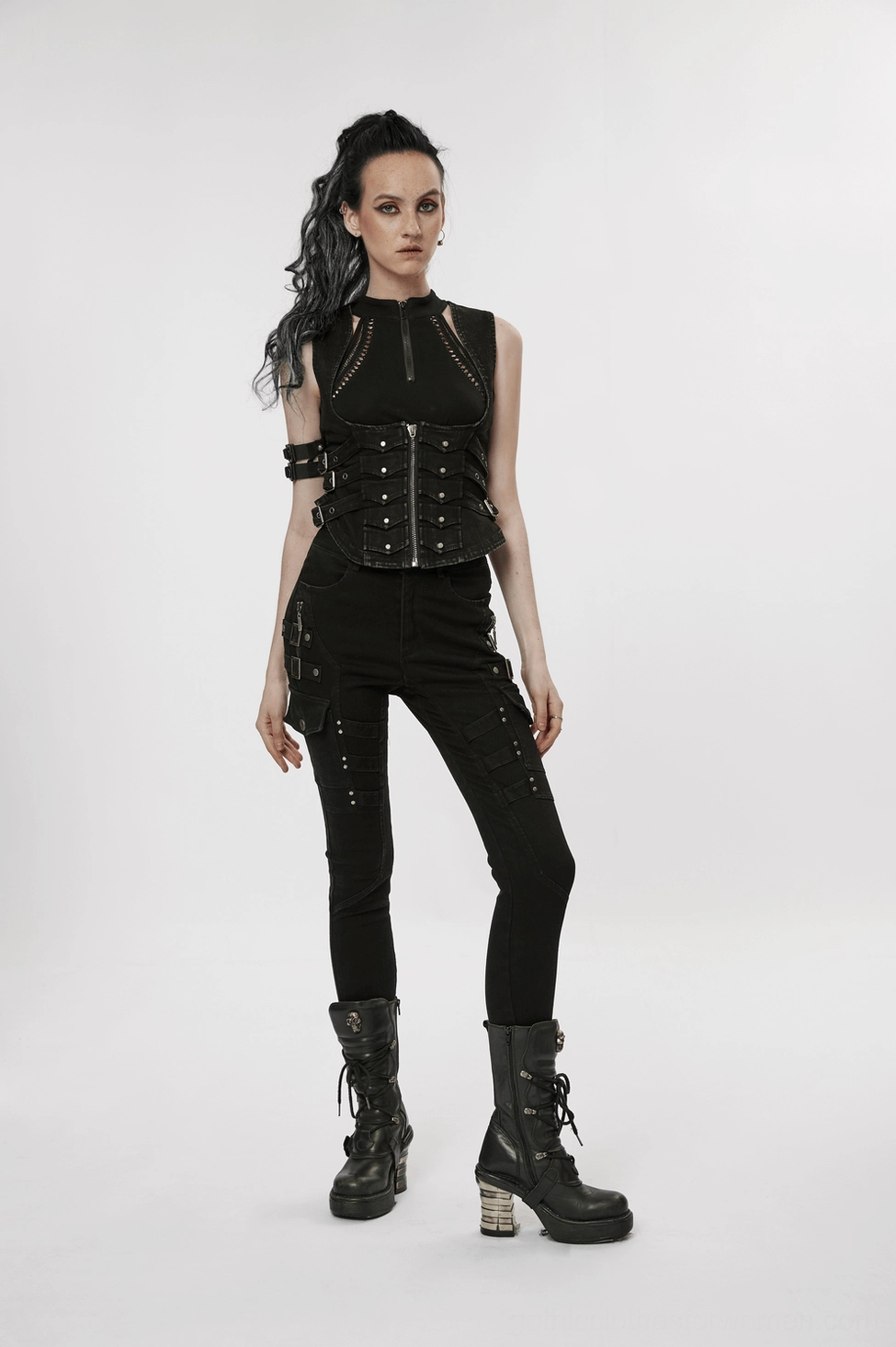 Black gothic jeans side cargo pocket and buckle strap, utility loop detail and metal hardware