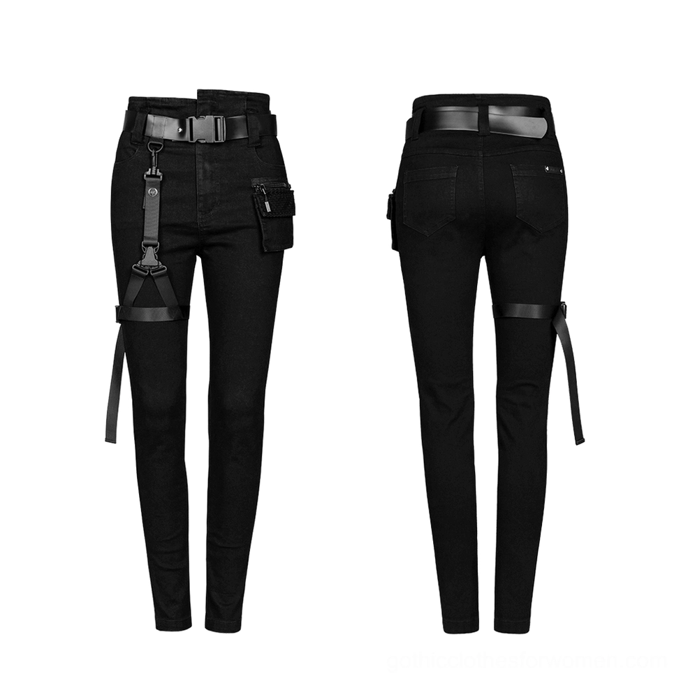 Dual product view of black gothic slim denim jeans showing front and rear silhouette with hardware details