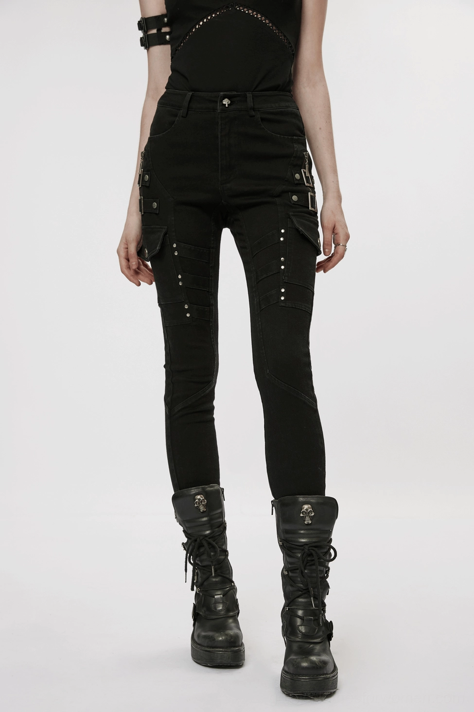 Black gothic cargo jeans leg opening hem, slim tapered bottom and seam finishing