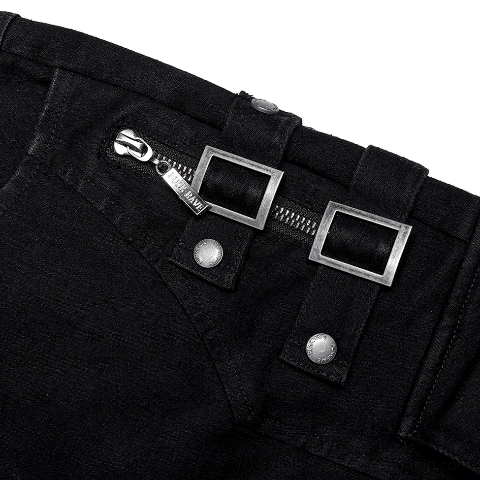 Black gothic jeans zipper and buckle hardware detail, metal fasteners and square buckles close view