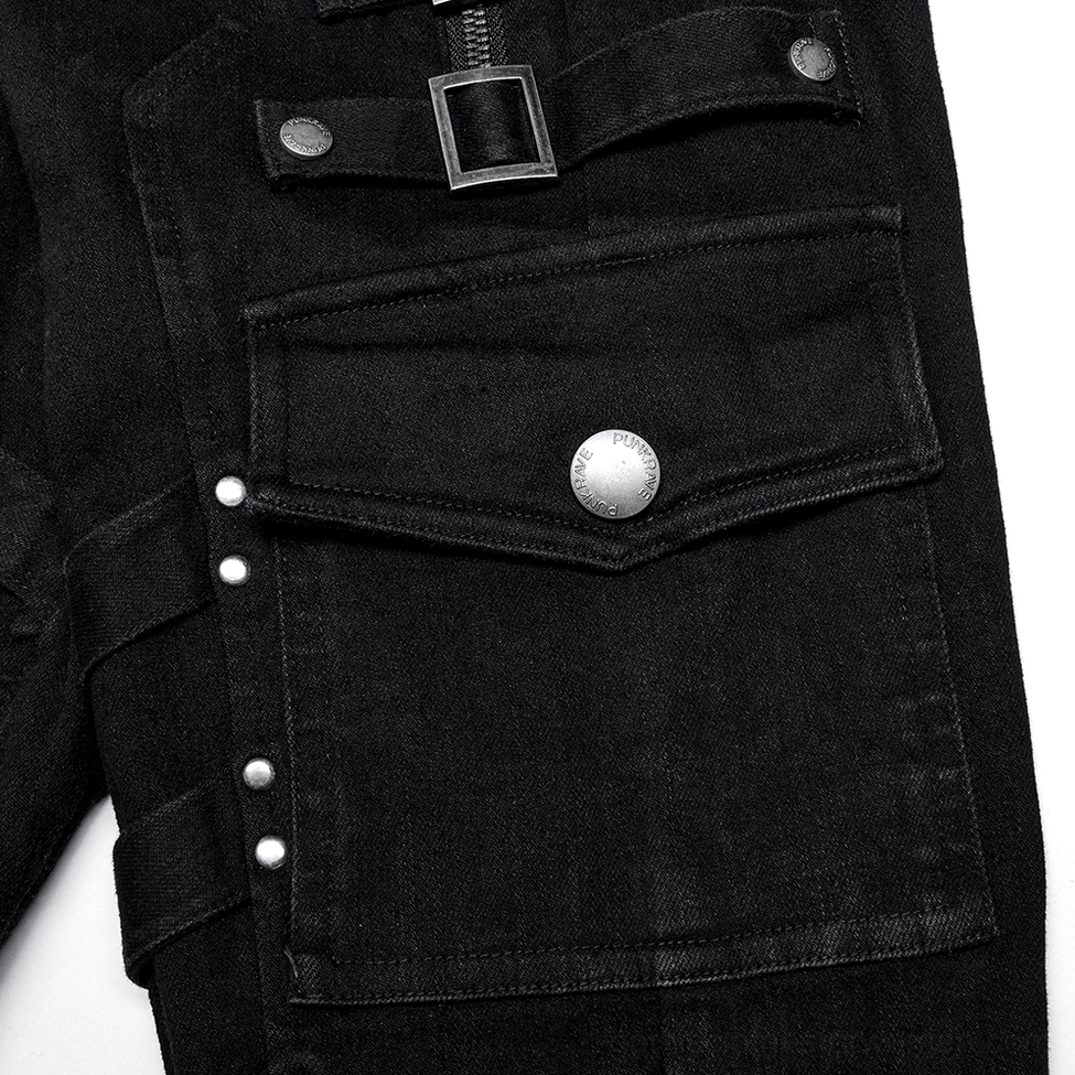 Black gothic jeans pocket close-up, metal snap button flap pocket and buckle strap hardware