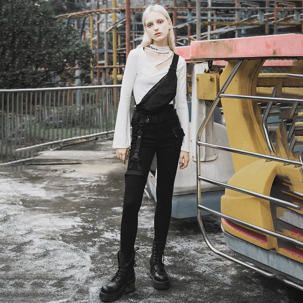 Modular gothic jeans showing removable thigh pocket and strap attachment hardware in detail