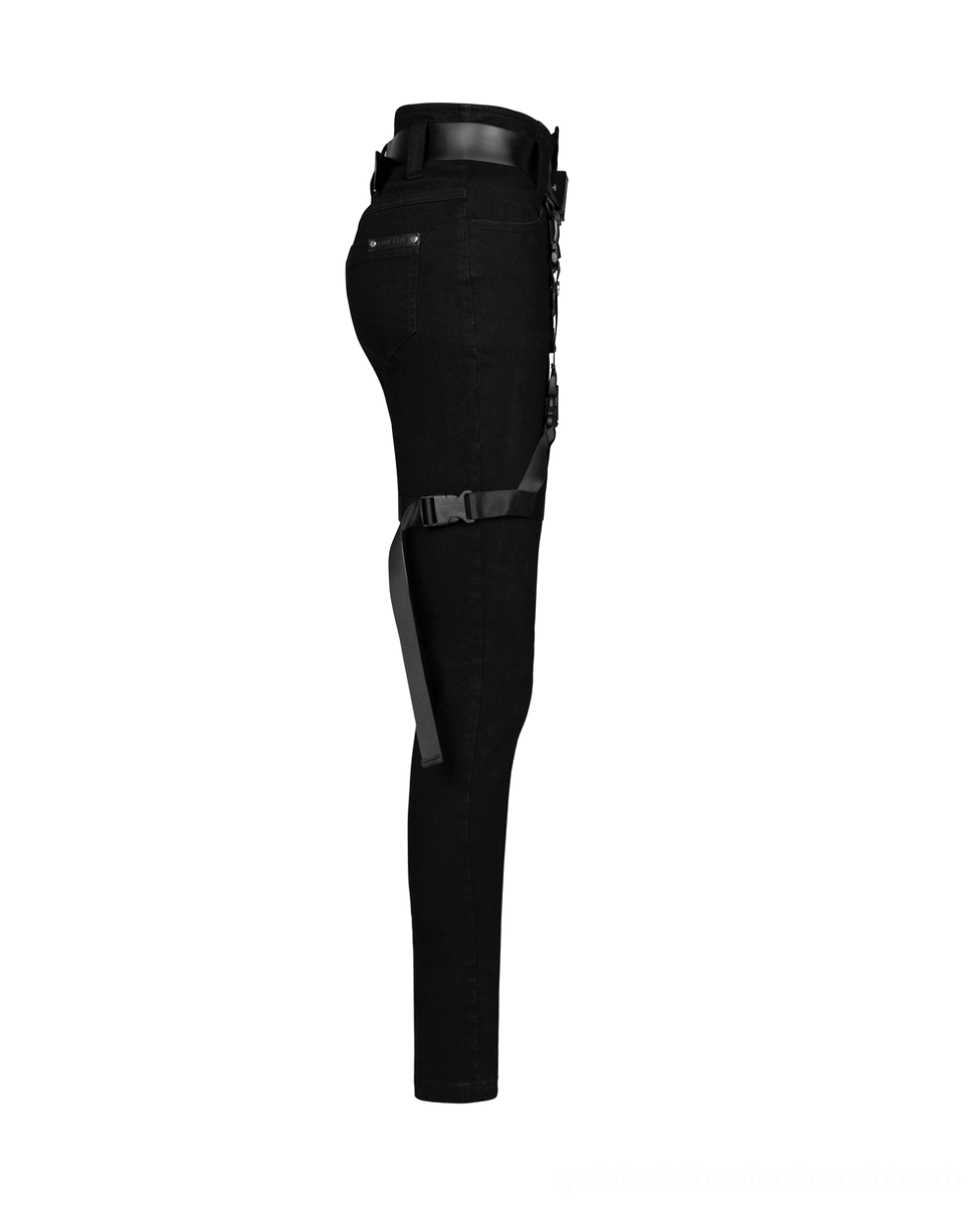 Side view of black gothic denim pants showing thigh harness and detachable waist belt on white background