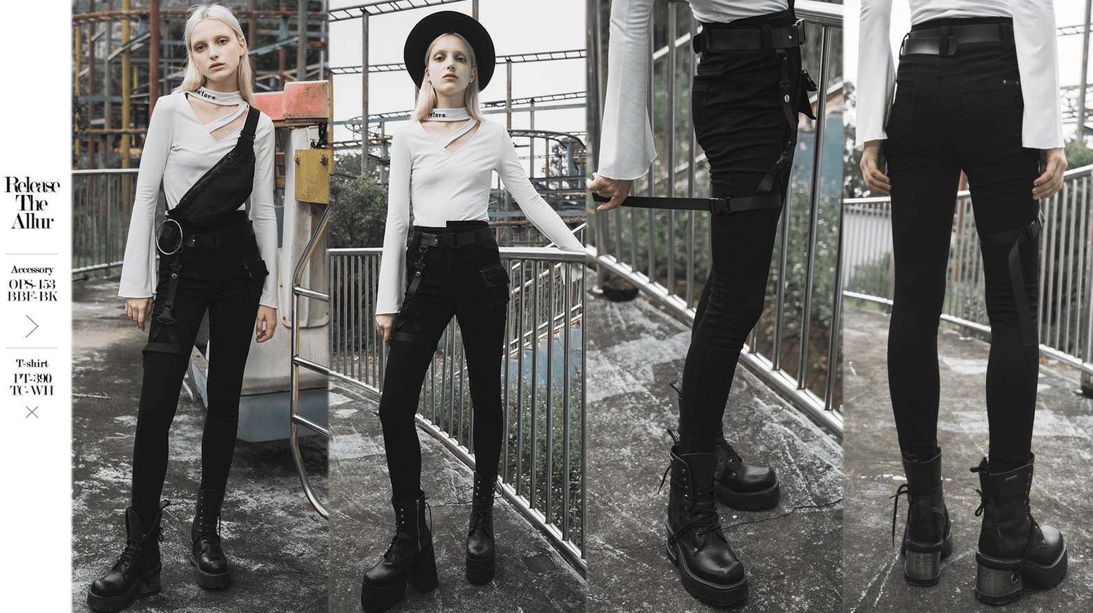 Angled side view of gothic black slim fit denim trousers highlighting thigh harness system and hardware