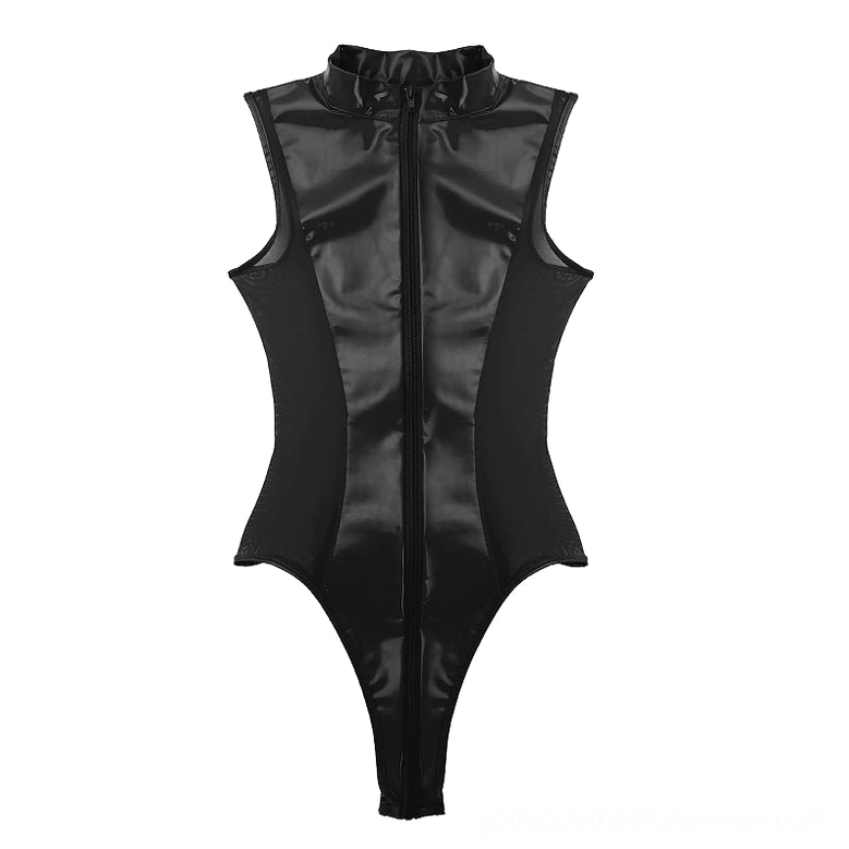 Gothic patent leather jumpsuit back view showing rear zipper and high stand collar detail