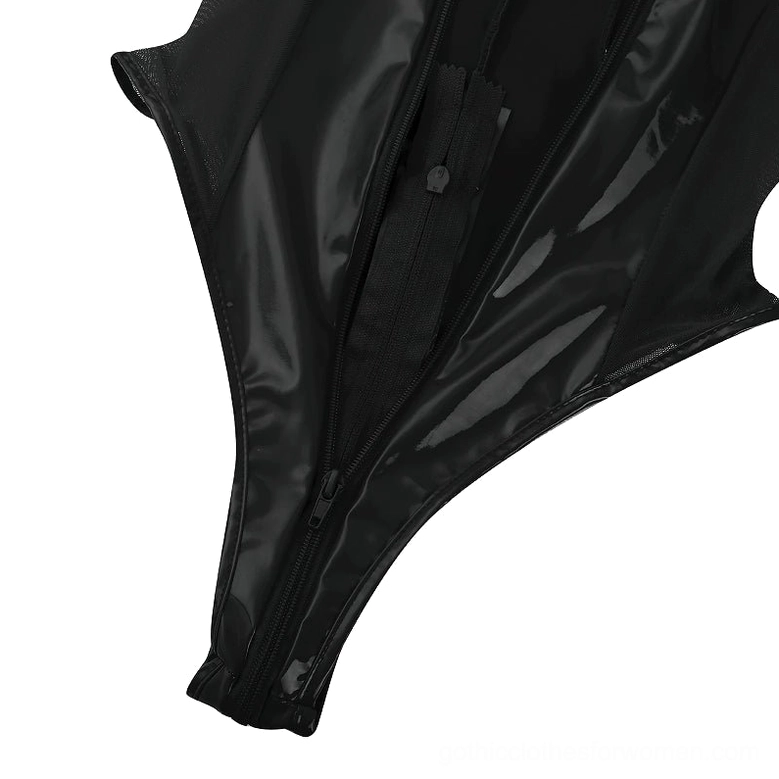 Gothic patent leather jumpsuit with high-gloss finish and mesh side inserts, on model