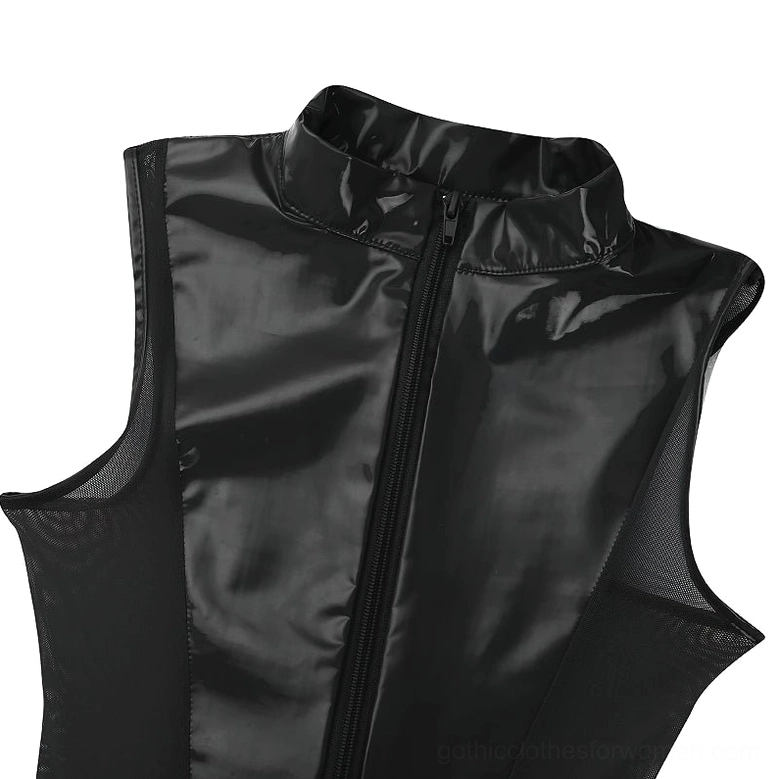 Gothic jumpsuit with patent leather and mesh panels, stylized pose showing sleek silhouette