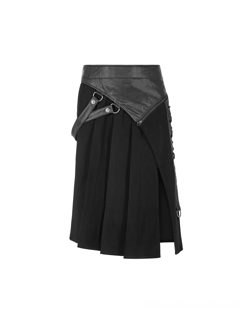 Side view flat lay of Gothic half kilt showing asymmetric hem design, PU leather waist trim, and structural pleating details