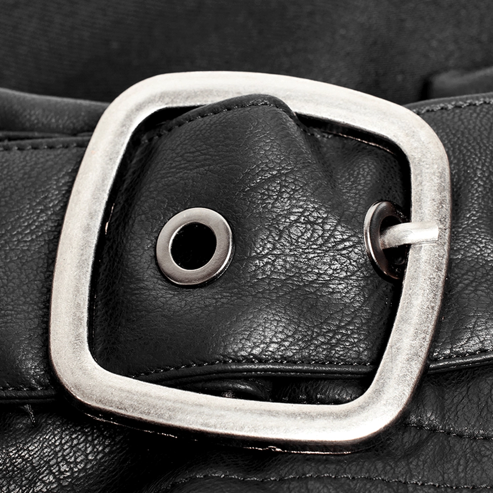 Close-up macro shot of Gothic skirt hardware: silver-tone square buckle, PU leather patch, reinforced metal eyelet, and stitching detail