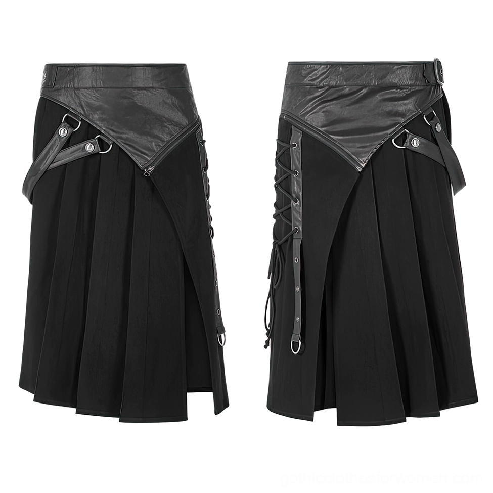 Flat lay front view of detachable Gothic half kilt skirt displaying PU leather yoke, adjustable metal buckle straps, and pleated skirt construction