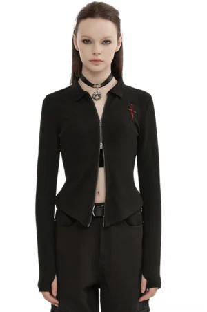 Women's black gothic knit top with red cross embroidery, front view worn by model, studio shot showing full-front metal zipper and slim-fitting silhouette