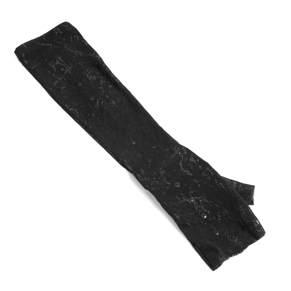 Product shot of gothic arm sleeve showing marbled black lace pattern with irregular fingerless cuff design