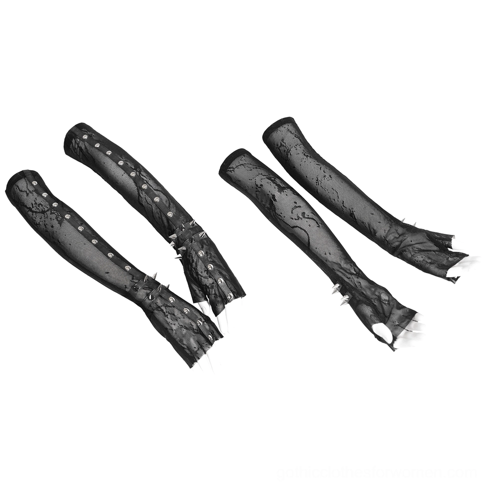 Flat lay product shot of gothic fingerless arm sleeves pair showing complete set with black mesh lace and spike stud cuffs