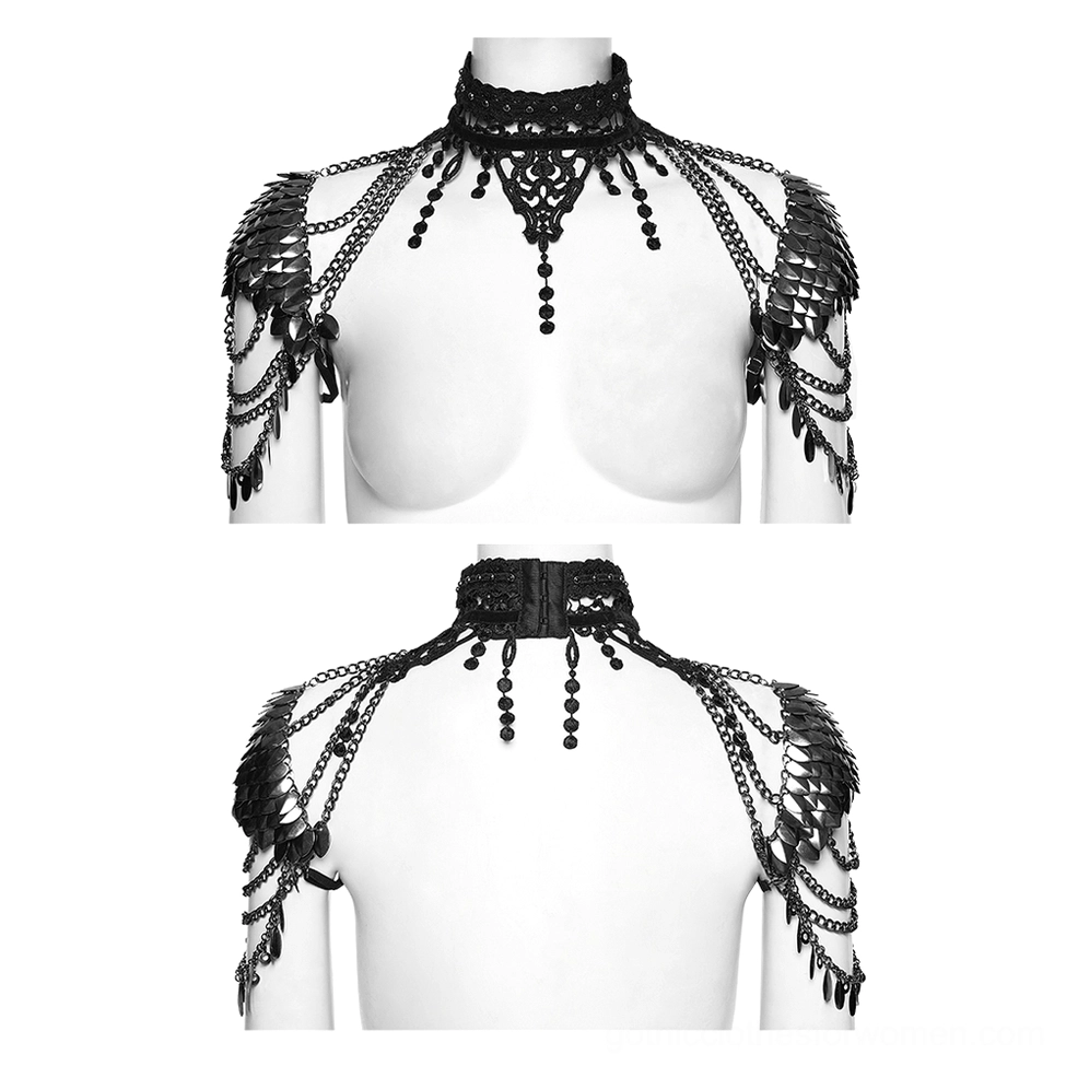 Black gothic lace armor choker front flat lay on mannequin showing front dangling pendants and intricate scale shoulder details