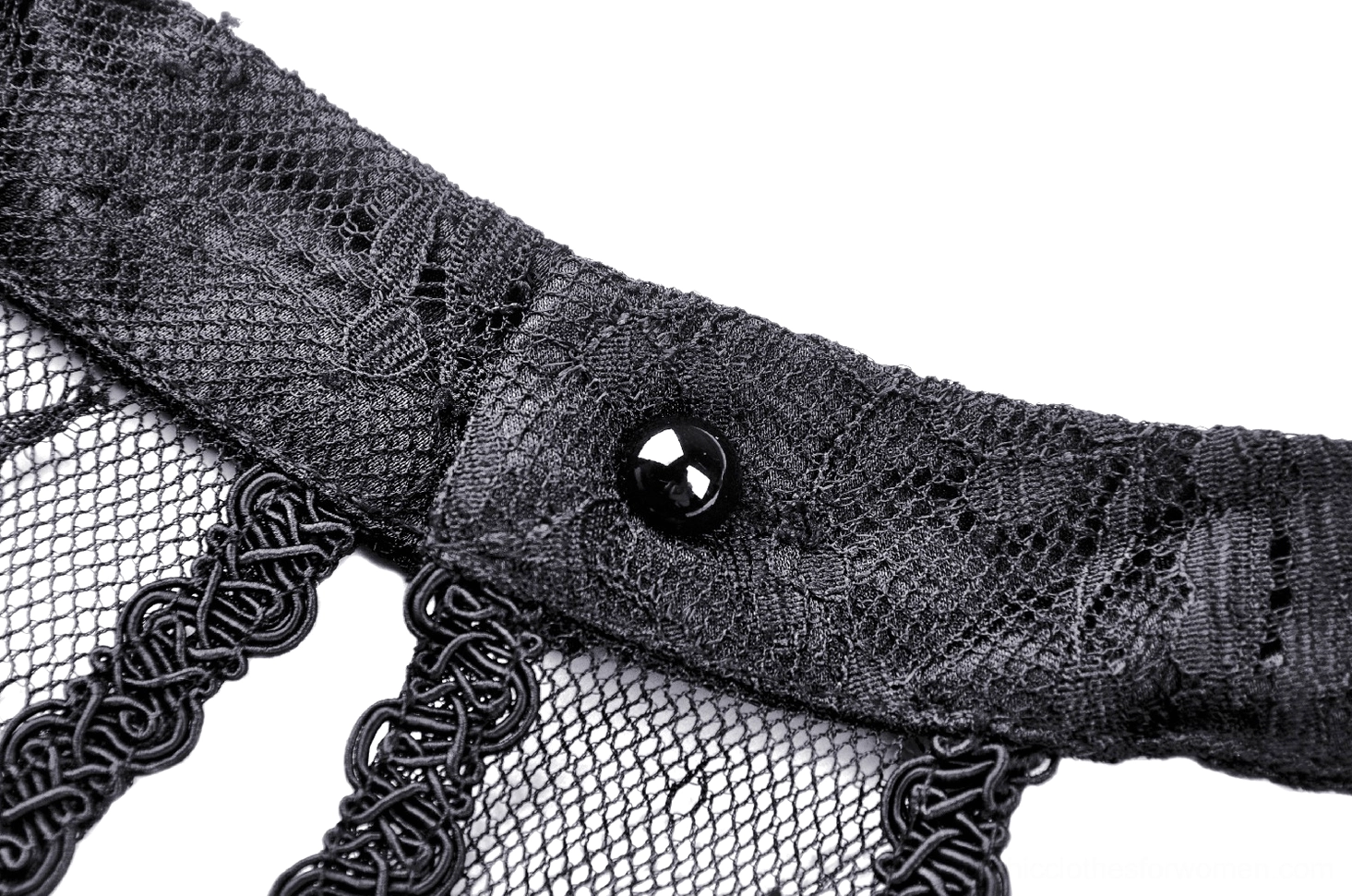 Black gothic lace cold shoulder dress bell sleeve detail and fabric construction close-up
