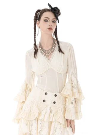 Beige lace bell sleeve gothic corset top front view on model with dark braided hair, Victorian-inspired design
