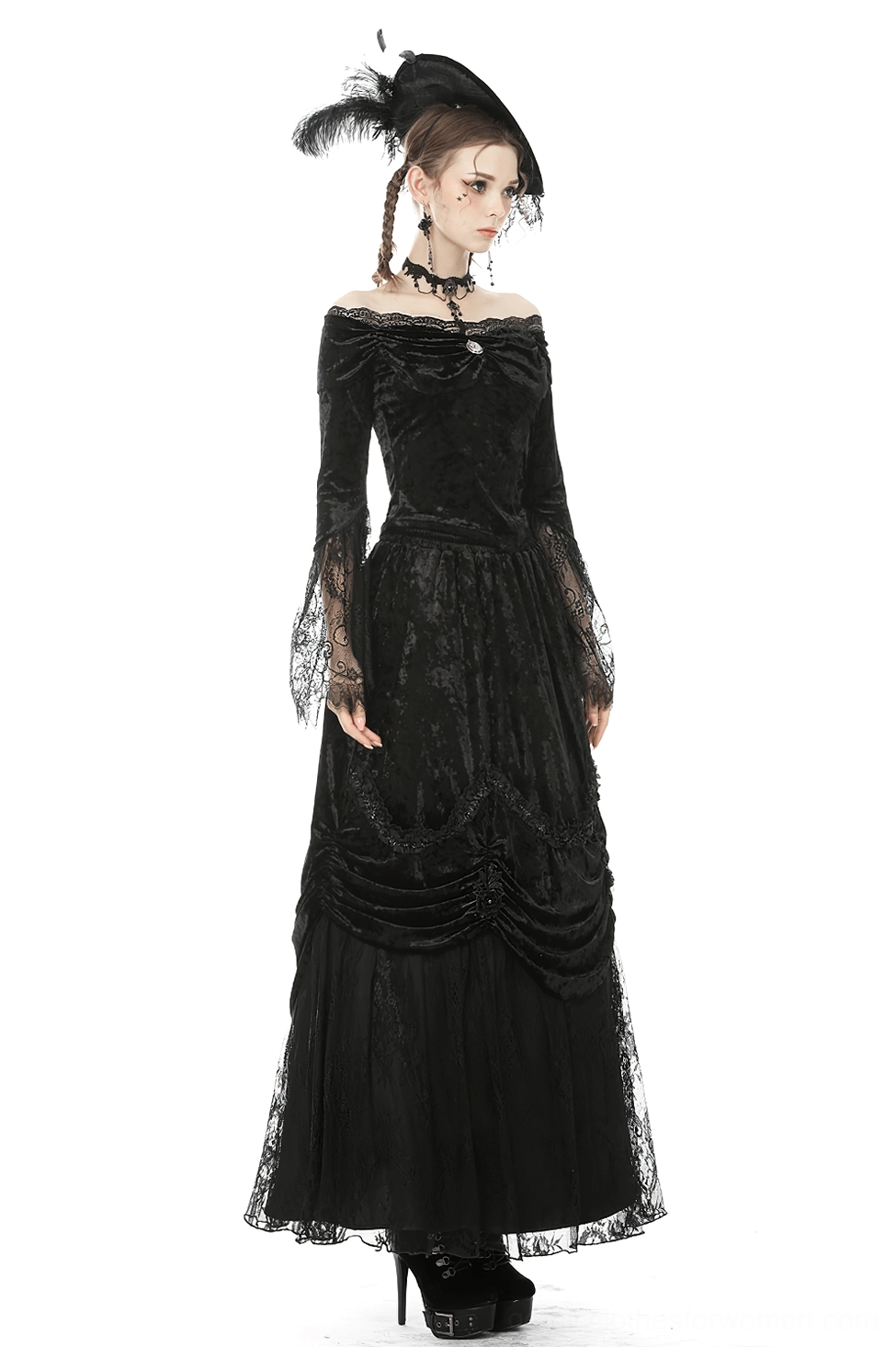Gothic lace bell sleeve detail on black velvet off-shoulder top, close-up of sleeve design