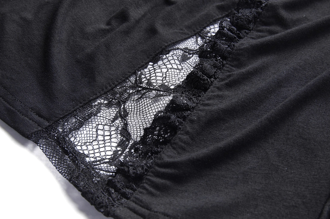 Detailed view of intricate lace bell sleeve construction on Victorian gothic romantic top