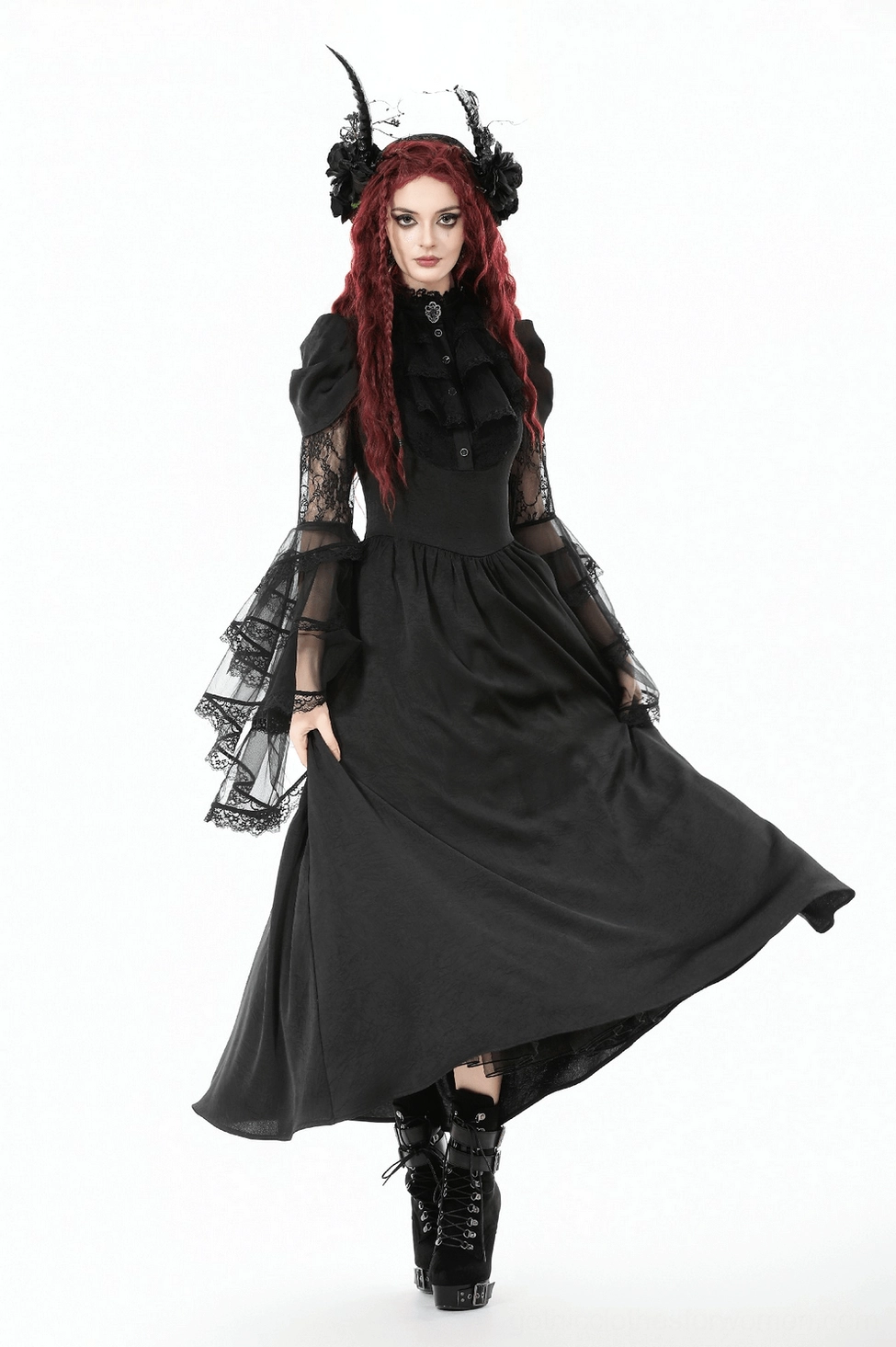 Another angle of black gothic lace bell-sleeve maxi dress showing ruffled neckline and flowing lace bell-sleeve detail
