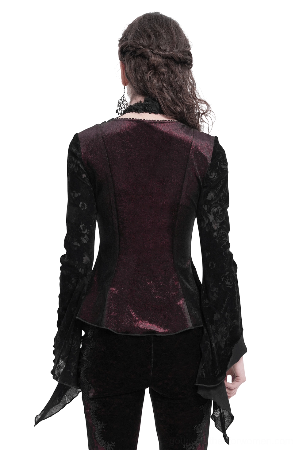 Gothic lace bell sleeve top - back view showing fitted waist, irregular hem, and wine-red velvet back panel