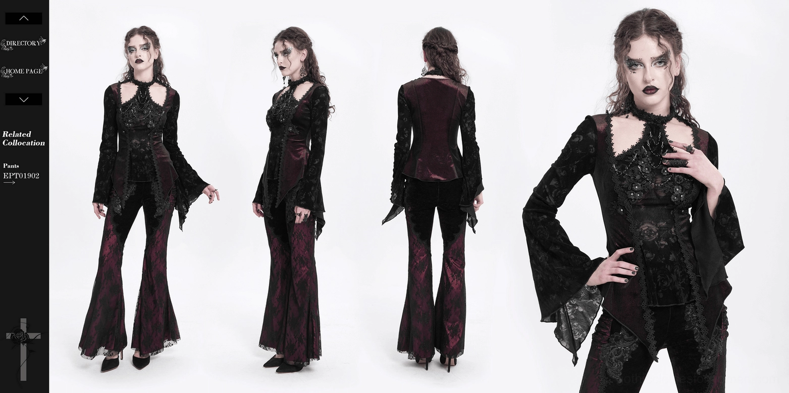 Gothic lace bell sleeve top - full product view showing complete silhouette, sleeve construction, and hem design