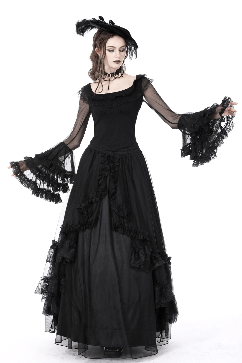 Black lace gothic top full body modeling shot - fit and drape demonstration