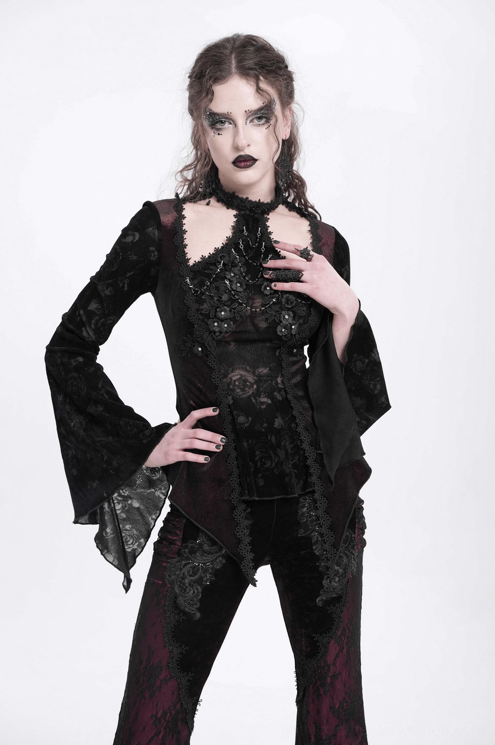 Wine red gothic lace bell sleeve top - side profile showing bell sleeve construction and overall silhouette
