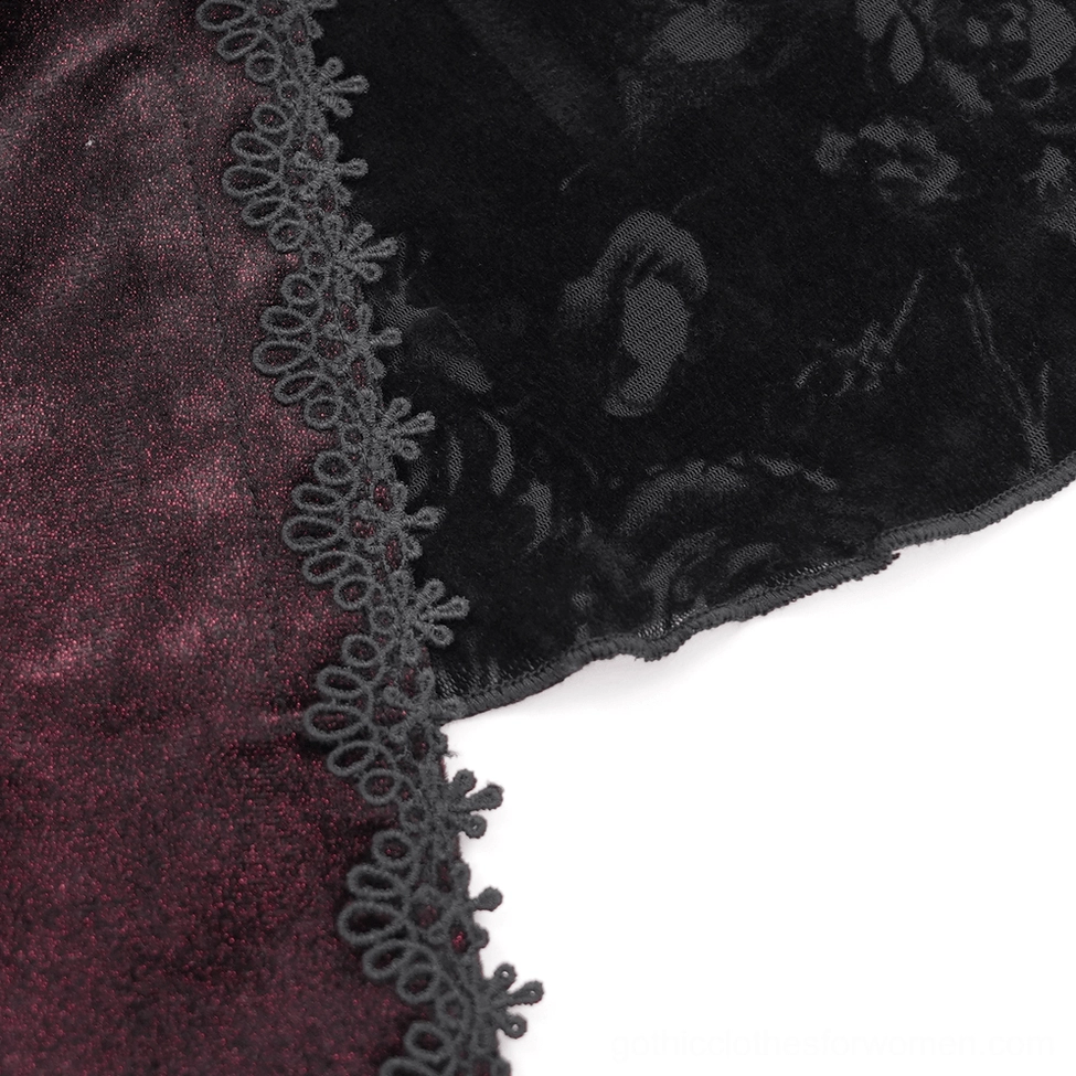 Gothic lace bell sleeve top - detail shot showing lace texture, rose embellishments, and fabric composition