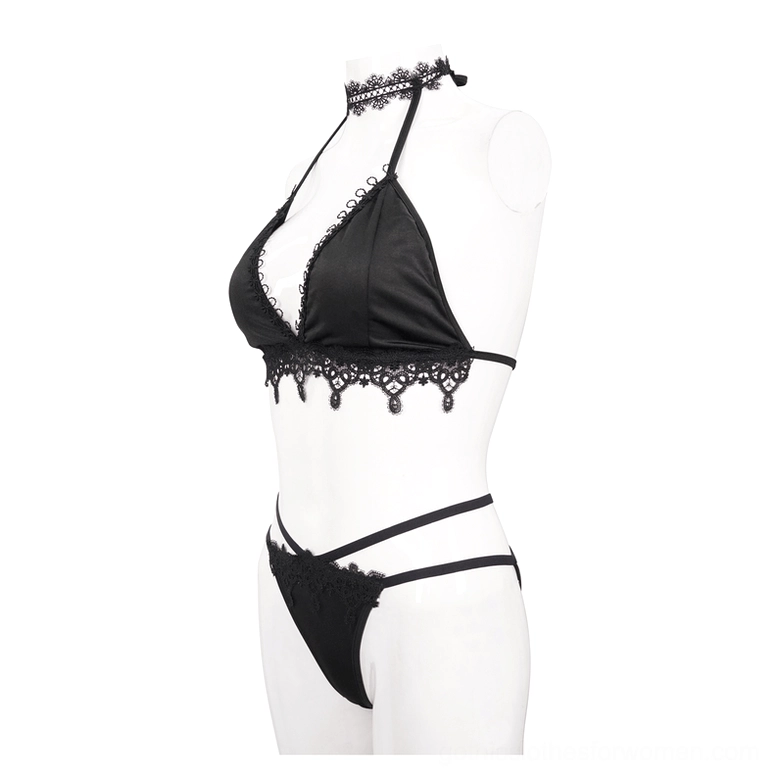 Gothic swimwear side profile showing lace trim details on bikini top edge and fitted silhouette