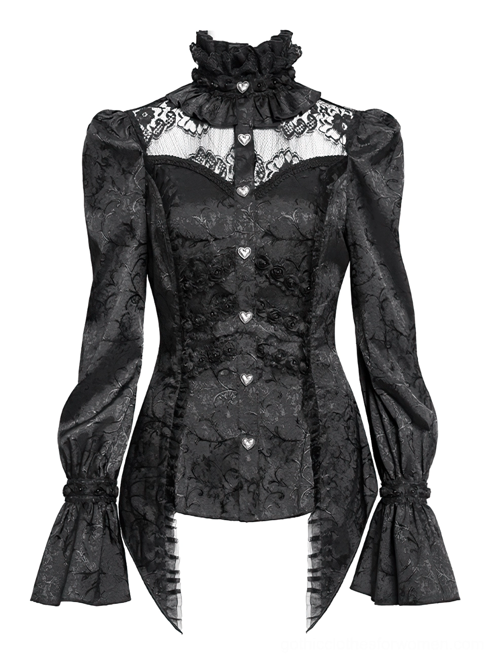 Gothic lace blouse front view on mannequin, asymmetric hem detail, floral jacquard weave pattern