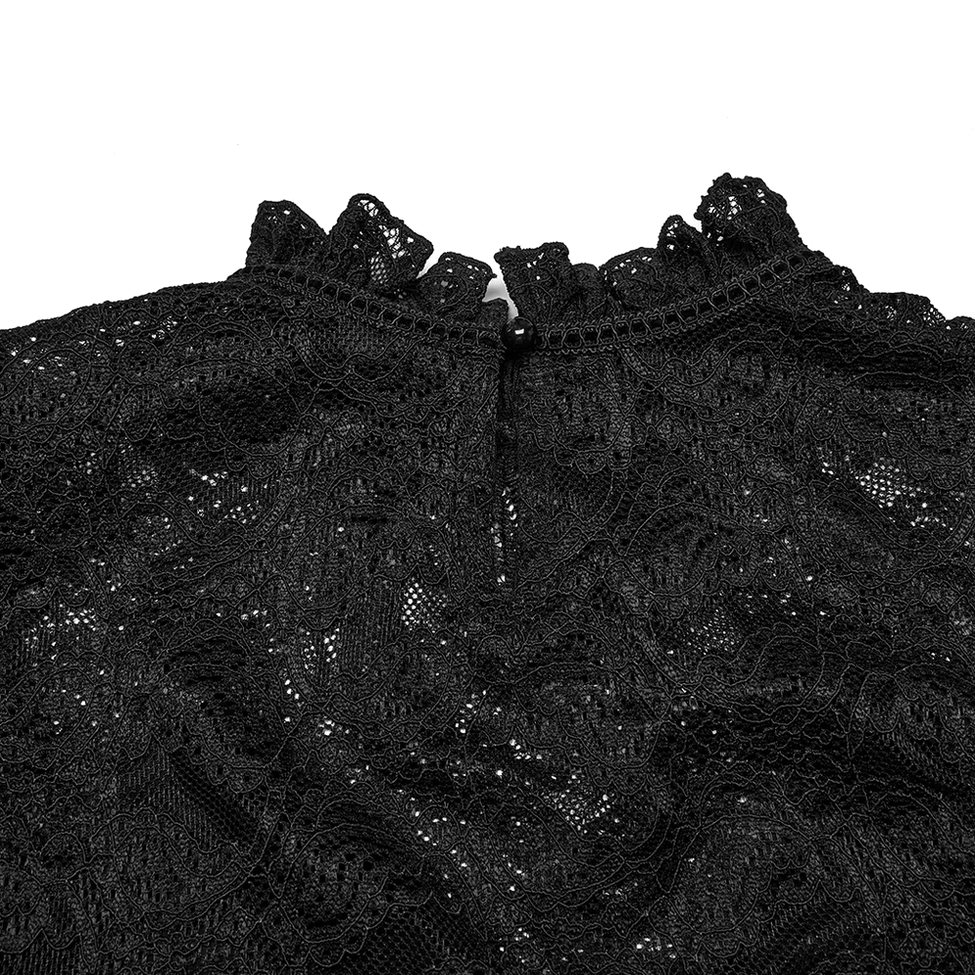 Close-up of black gothic lace blouse back collar detail showing button keyhole closure and sheer lace fabric