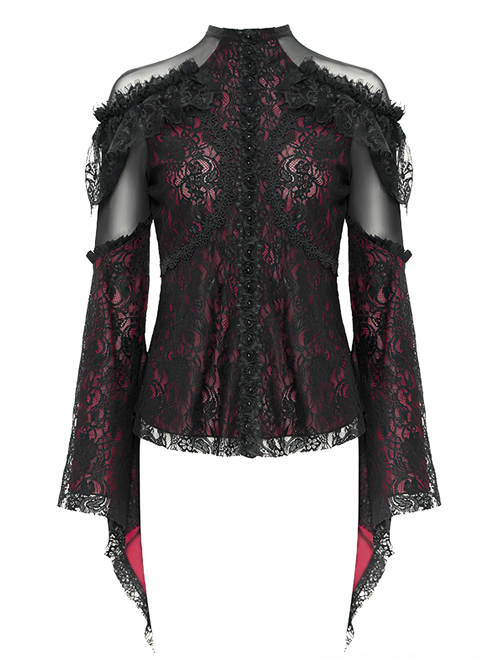 Wine red gothic lace blouse flat lay rear view showing sheer mesh shoulders, ruffled trim edges, and fitted silhouette details