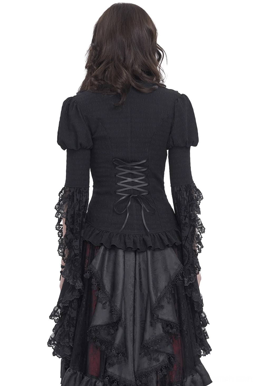 Gothic lace blouse back view showing lace-up corset detailing and ruffled hem, worn with matching burgundy tulle skirt