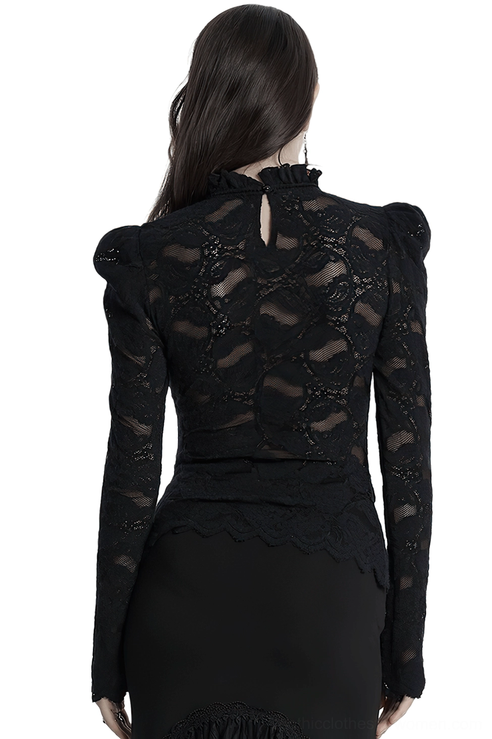 Black gothic lace blouse back view displaying keyhole button closure and scalloped hem detail on model