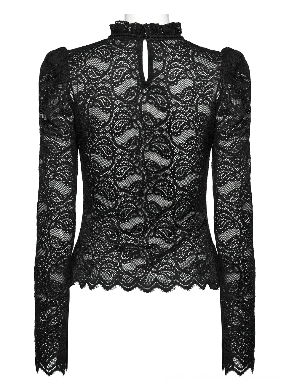 Black gothic lace blouse back view on dress form displaying scalloped hemline and wavy lace trim detail