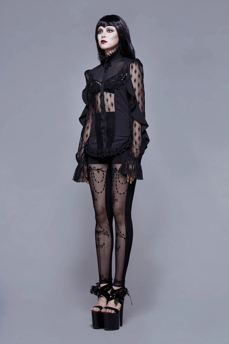 Gothic lace blouse detail shot highlighting sheer beaded mesh construction and refined craftsmanship of alternative fashion garment