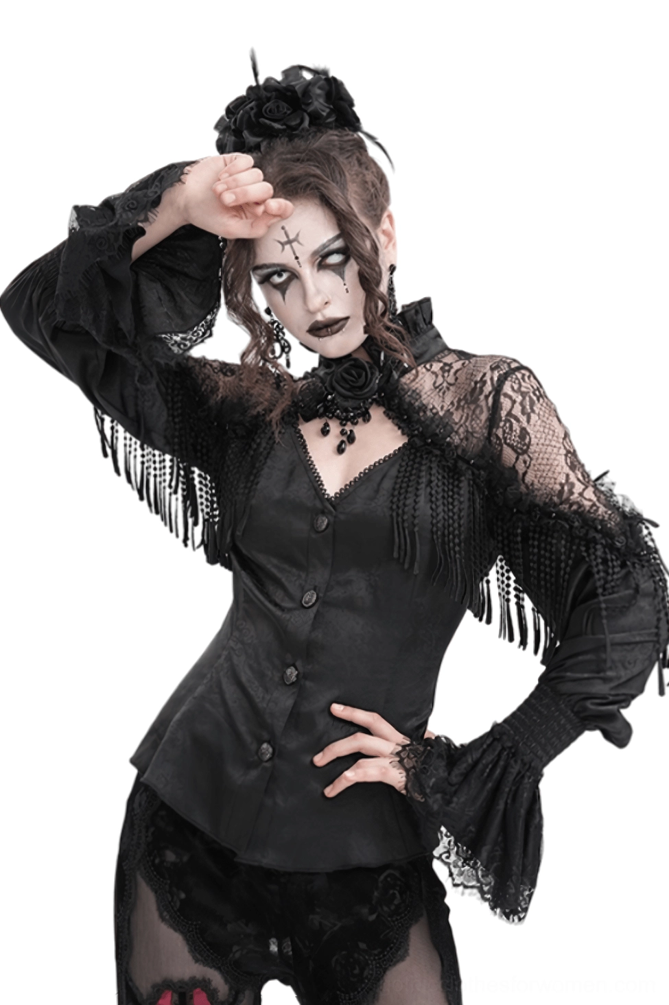 Black lace Victorian gothic blouse with beaded tassel pendant, front three-quarter view on model with dramatic dark studio lighting