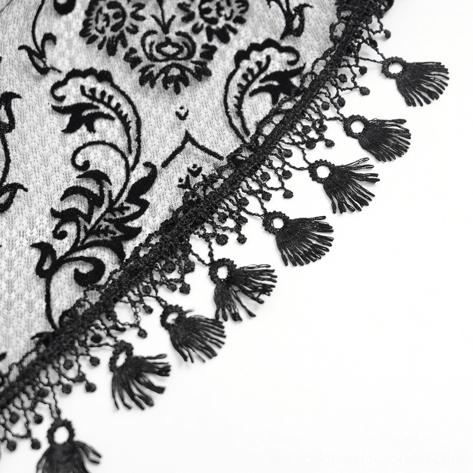 Black gothic lace blouse sheer bell sleeve and lace cuff construction detail