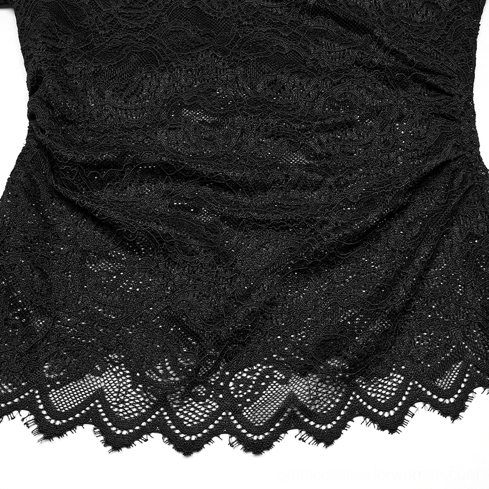Black gothic lace blouse full view on model displaying ruffled collar puff sleeves and complete silhouette for alternative fashion